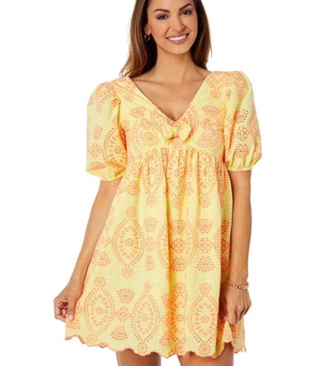 Lilly Pulitzer Sarafina Eyelet Yellow and Orange Patterned Babydoll Dress Size 2